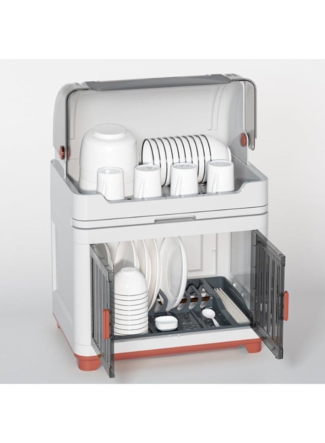 Tier Drain Dish Rack with Cover – Large Capacity Multi-Function Drying Rack with Removable Drain Board for Plates, Cutlery, Cups, and Dishes (Red, Double Layer) - Image 2